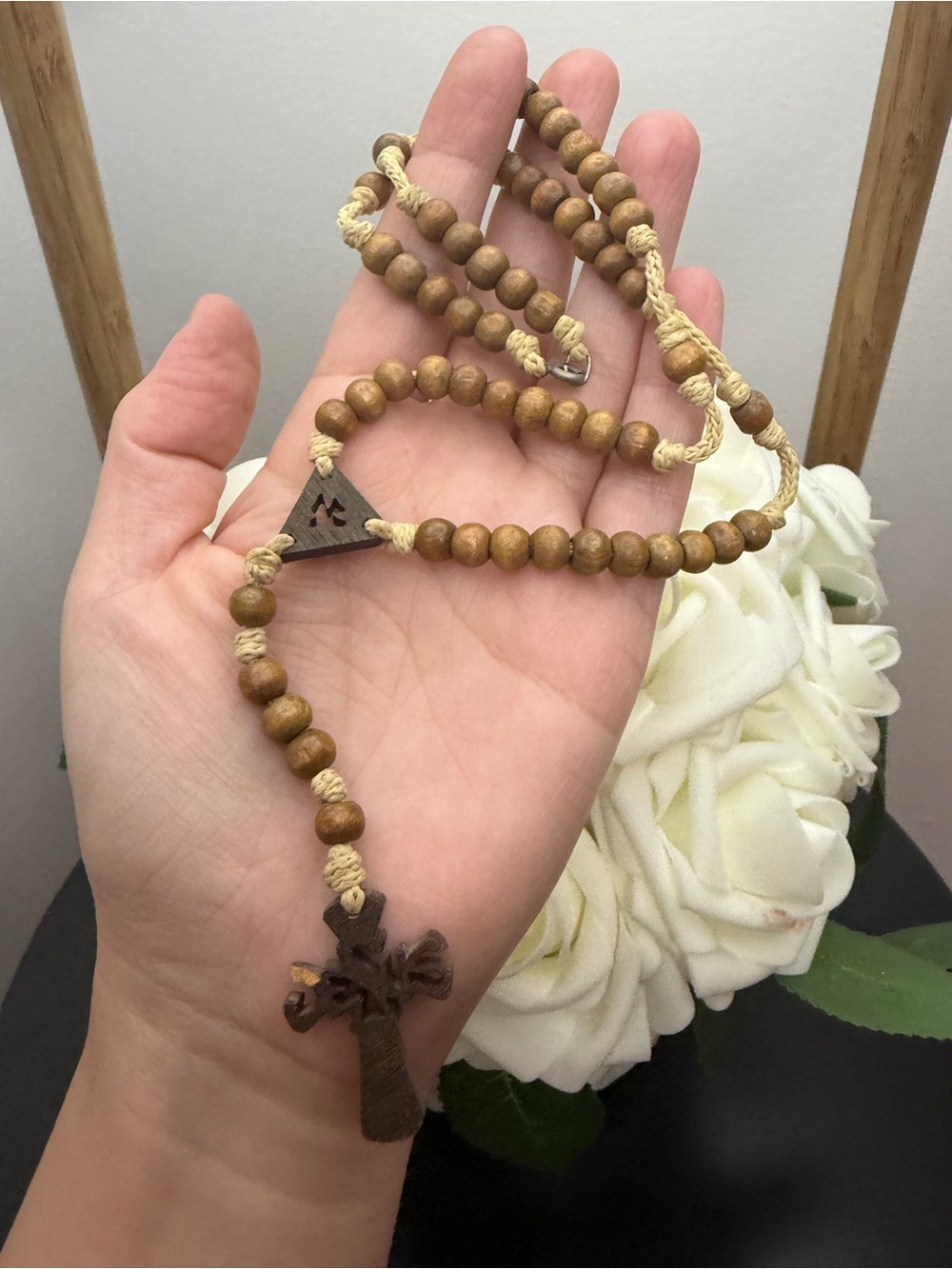 Wood Bead Rosary Necklace with Cross - Brown